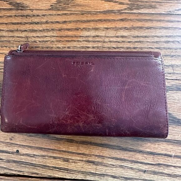 Fossil Tri-Fold Wallet + check book set Brown Leather Zipper back pocket Vintage - Picture 5 of 9